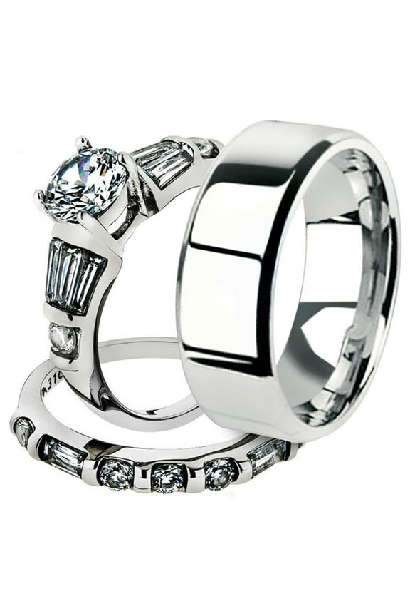 His and Her 3pc Stainless Steel 2.50 Ct Cz Bridal Ring Set and Men Beveled Edge Band Women's Size 07 Men's 06mm Size 12