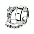 thumbnail image 1 of His and Her 3pc Stainless Steel 2.50 Ct Cz Bridal Ring Set and Men Beveled Edge Band Women's Size 08 Men's 06mm Size 11, 1 of 6