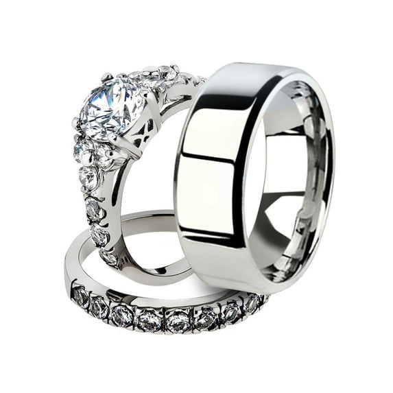 His and Her 3pc Stainless Steel 2.50 Ct Cz Bridal Ring Set and Men Beveled Edge Band Women's Size 08 Men's 08mm Size 11