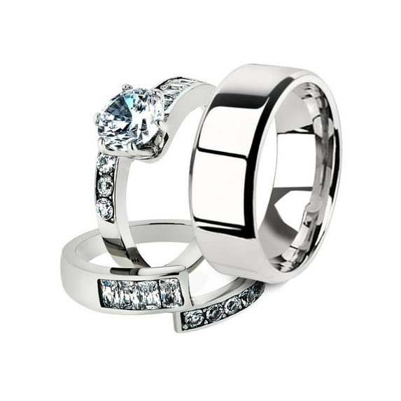 His and Her 3pc Stainless Steel 2.50 Ct Cz Bridal Ring Set and Men Beveled Edge Band Women's Size 10 Men's 08mm Size 09