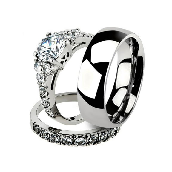 His and Her 3pc Stainless Steel 2.50 Ct Cz Bridal Set and Men's Classic Wedding Band Women's Size 10 Men's 06mm Size 12
