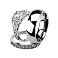 thumbnail image 1 of His and Her 3pc Stainless Steel 2.50 Ct Cz Bridal Set and Men's Classic Wedding Band Women's Size 10 Men's 08mm Size 12, 1 of 6