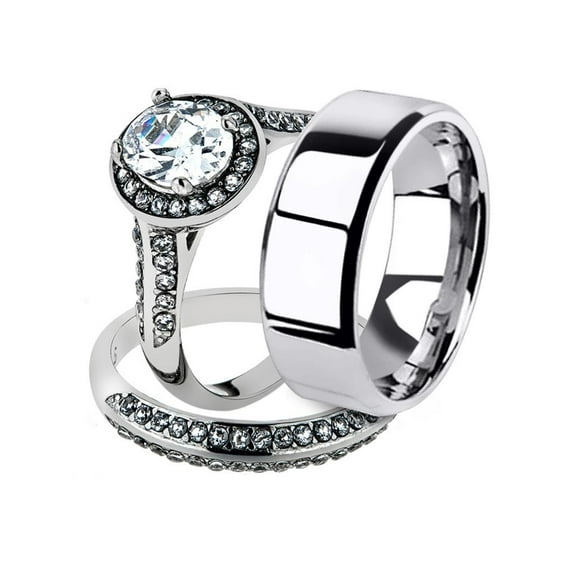 His and Her 3pc Stainless Steel 2.60 Ct Cz Bridal Ring Set and Men Beveled Edge Band Women's Size 08 Men's 08mm Size 11