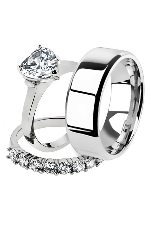 His and Her 3pc Stainless Steel 2.70 Ct Cz Bridal Ring Set and Men Beveled Edge Band Women's Size 08 Men's 06mm Size 08