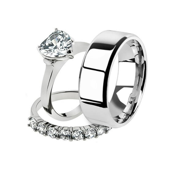 His and Her 3pc Stainless Steel 2.70 Ct Cz Bridal Ring Set and Men Beveled Edge Band Women's Size 08 Men's 08mm Size 14