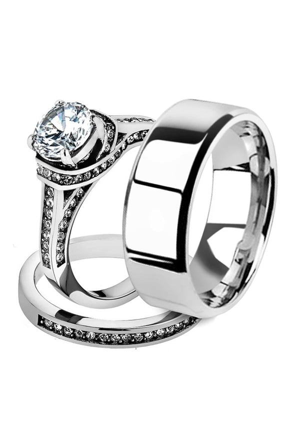 His and Her 3pc Stainless Steel 2.75 Ct Cz Bridal Ring Set and Men Beveled Edge Band Women's Size 10 Men's 06mm Size 11