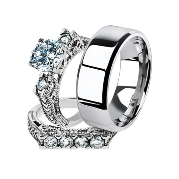 His and Her 3pc Stainless Steel 2.95 Ct Cz Bridal Ring Set and Men Beveled Edge Band Women's Size 09 Men's 08mm Size 11