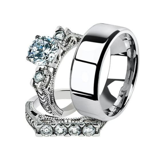 His and Her 3pc Stainless Steel 2.95 Ct Cz Bridal Ring Set and Men Beveled Edge Band Women's Size 09 Men's 08mm Size 14