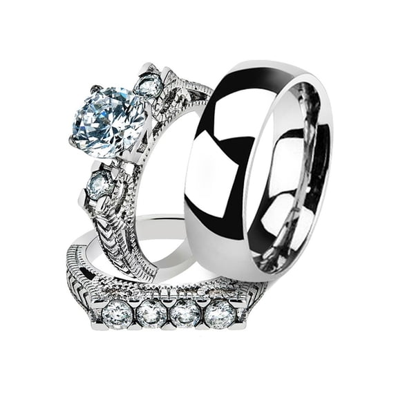 His and Her 3pc Stainless Steel 2.95 Ct Cz Bridal Set and Men's Classic Wedding Band Women's Size 06 Men's 06mm Size 12
