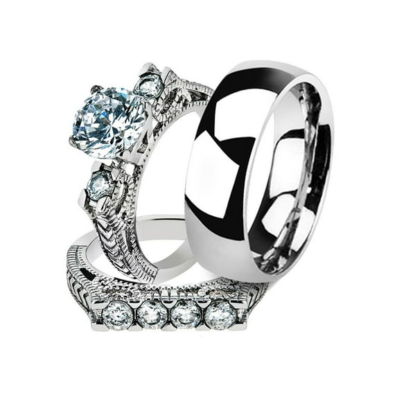 His and Her 3pc Stainless Steel 2.95 Ct Cz Bridal Set and Men's Classic Wedding Band Women's Size 09 Men's 06mm Size 05