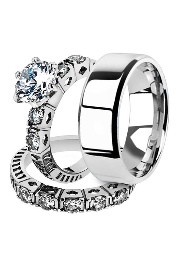 His and Her 3pc Stainless Steel 3.10 Ct Cz Bridal Ring Set and Men Beveled Edge Band Women's Size 08 Men's 06mm Size 07
