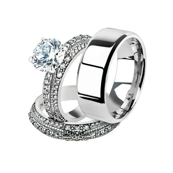 His and Her 3pc Stainless Steel 3.25 Ct Cz Bridal Ring Set and Men Beveled Edge Band Women's Size 05 Men's 06mm Size 05