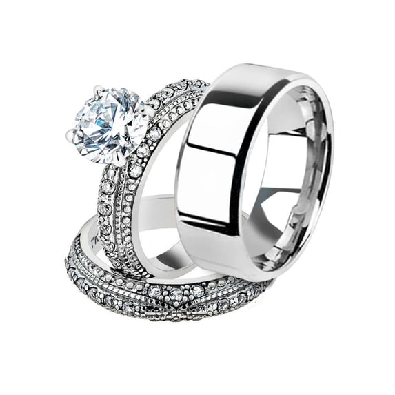 His and Her 3pc Stainless Steel 3.25 Ct Cz Bridal Ring Set and Men Beveled Edge Band Women's Size 08 Men's 06mm Size 06