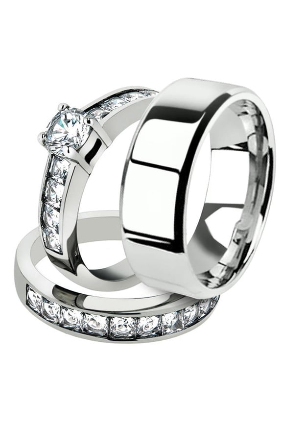 His and Her 3pc Stainless Steel 3.25 Ct Cz Bridal Ring Set and Men Beveled Edge Band Women's Size 09 Men's 06mm Size 10