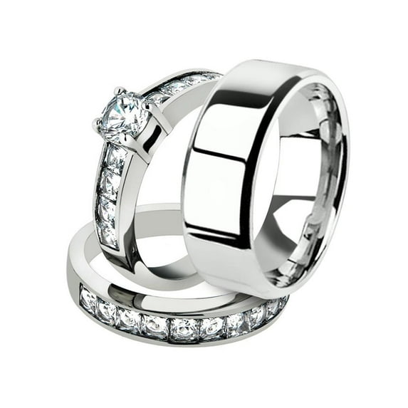His and Her 3pc Stainless Steel 3.25 Ct Cz Bridal Ring Set and Men Beveled Edge Band Women's Size 09 Men's 08mm Size 10