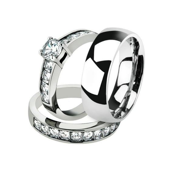 His and Her 3pc Stainless Steel 3.25 Ct Cz Bridal Set and Men's Classic Wedding Band Women's Size 08 Men's 08mm Size 12