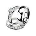 thumbnail image 1 of His and Her 3pc Stainless Steel 3.25 Ct Cz Bridal Set and Men's Classic Wedding Band Women's Size 10 Men's 06mm Size 11, 1 of 6