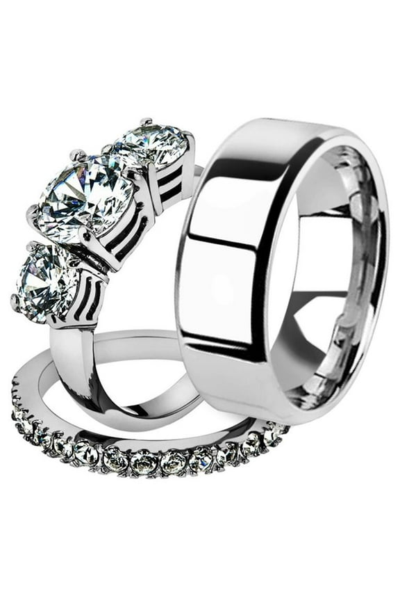 His and Her 3pc Stainless Steel 4.17 Ct Cz Bridal Ring Set and Men Beveled Edge Band Women's Size 09 Men's 08mm Size 11