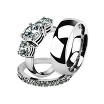 His and Her 3pc Stainless Steel 4.17 Ct Cz Bridal Set and Men's Classic Wedding Band Women's Size 10 Men's 06mm Size 11