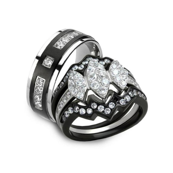 His and Her 4pc Black and Silver Stainless Steel and Titanium Wedding Ring Band Set Size Women's 05 Men's 06