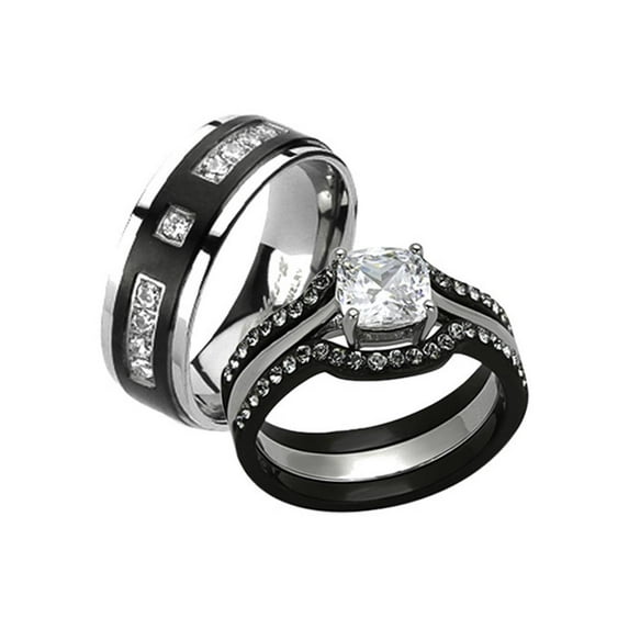 His and Her 4pc Black and Silver Stainless Steel and Titanium Wedding Ring Band Set Size Women's 07 Men's 13