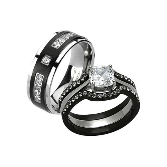 His and Her 4pc Black and Silver Stainless Steel and Titanium Wedding Ring Band Set Size Women's 10 Men's 06