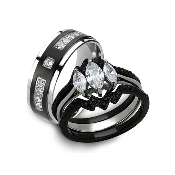 His and Her 4pc Black and Silver Stainless Steel and Titanium Wedding Ring Band Set Size Women's 11 Men's 05