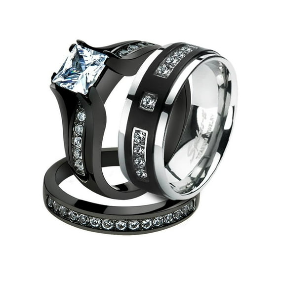His and Her Black Plated Stainless Steel Bridal Ring Set and Titanium Wedding Band Women's Size 05 Men's Size 05