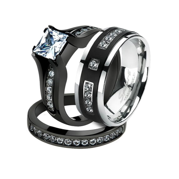 His and Her Black Plated Stainless Steel Bridal Ring Set and Titanium Wedding Band Women's Size 11 Men's Size 08