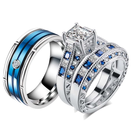 His and Her Matching Rings White AND Blue Couple Rings CZ Wedding Ring Sets Wedding Band