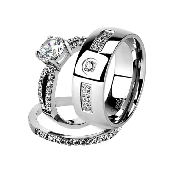 His and Her Stainless Steel 1.25 Ct Cz Bridal Ring Set and Men Zirconia Wedding Band Women's Size 10 Men's Size 06