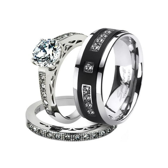 His and Her Stainless Steel 1.39 Ct Cz Bridal Set and Men's Titanium Wedding Band Women's Size 08 Men's Size 09