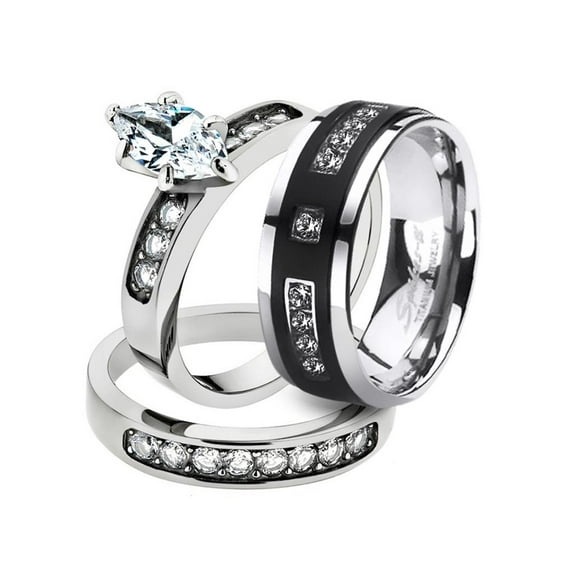 His and Her Stainless Steel 1.65 Ct Cz Bridal Set and Men's Titanium Wedding Band Women's Size 09 Men's Size 07