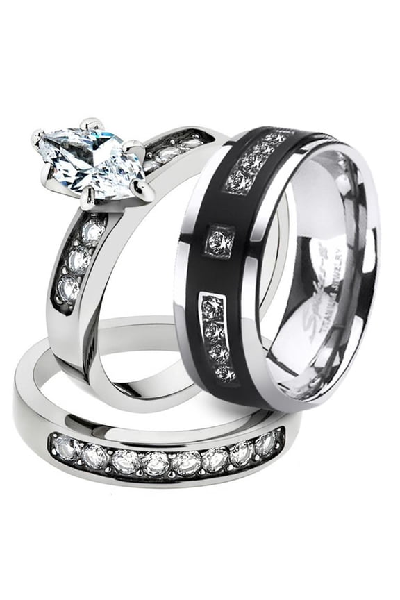 His and Her Stainless Steel 1.65 Ct Cz Bridal Set and Men's Titanium Wedding Band Women's Size 09 Men's Size 13
