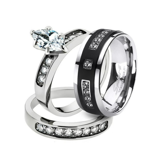 His and Her Stainless Steel 1.65 Ct Cz Bridal Set and Men's Titanium Wedding Band Women's Size 10 Men's Size 08