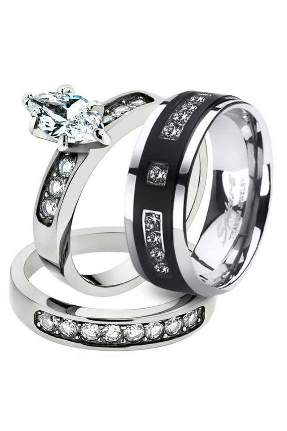 His and Her Stainless Steel 1.65 Ct Cz Bridal Set and Men's Titanium Wedding Band Women's Size 10 Men's Size 08