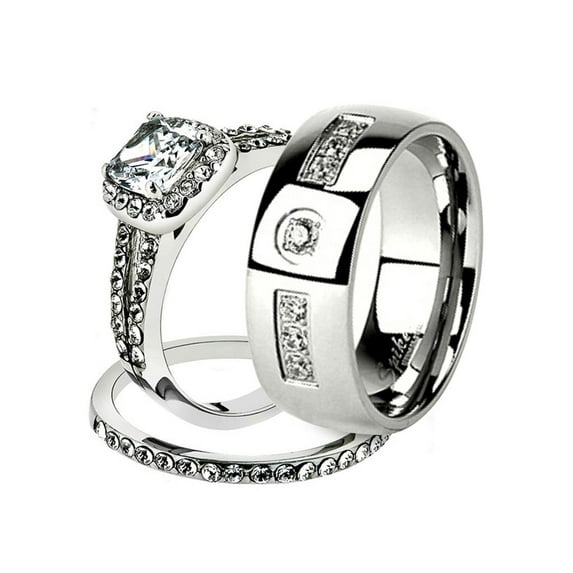 His and Her Stainless Steel 1.80 Ct Cz Bridal Ring Set and Men Zirconia Wedding Band Women's Size 10 Men's Size 08