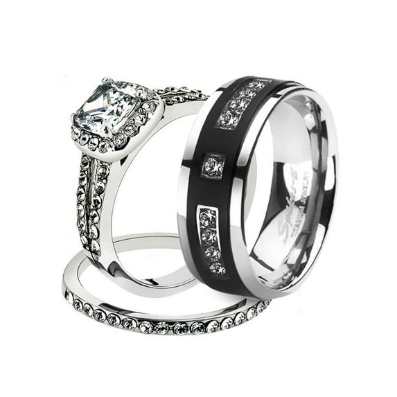 His and Her Stainless Steel 1.80 Ct Cz Bridal Set and Men's Titanium Wedding Band Women's Size 07 Men's Size 06