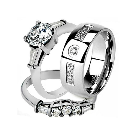 His and Her Stainless Steel 1.95 Ct Cz Bridal Ring Set and Men Zirconia Wedding Band Women's Size 09 Men's Size 06