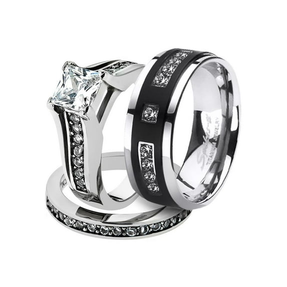 His and Her Stainless Steel 2.10 Ct Cz Bridal Set and Men's Titanium Wedding Band Women's Size 11 Men's Size 12