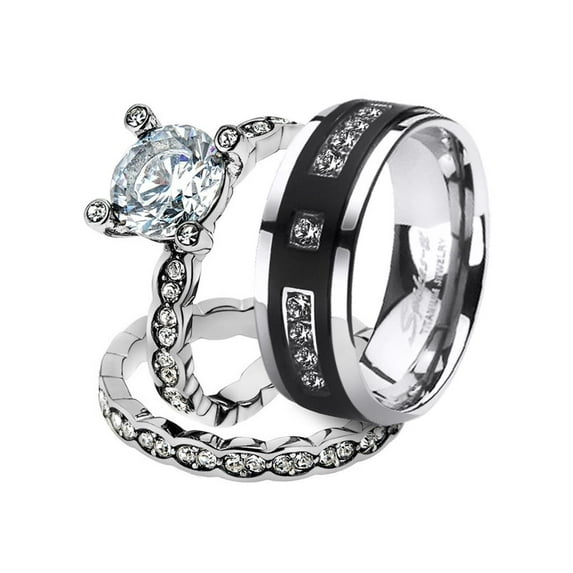 His and Her Stainless Steel 2.25 Ct Cz Bridal Set and Men's Titanium Wedding Band Women's Size 08 Men's Size 07