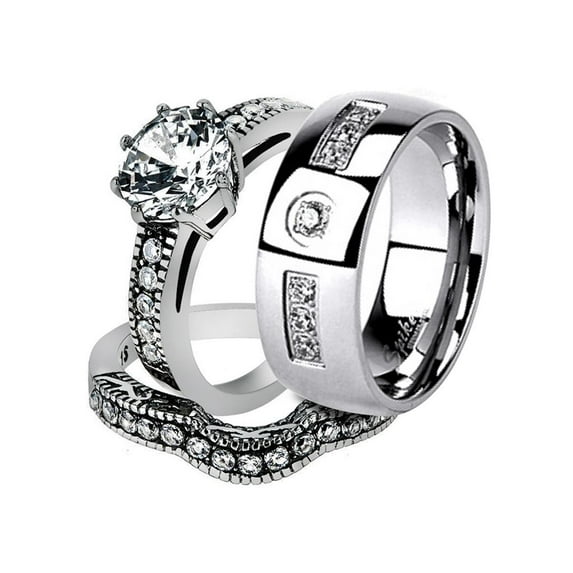 His and Her Stainless Steel 2.29 Ct Cz Bridal Ring Set and Men Zirconia Wedding Band Women's Size 09 Men's Size 10