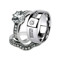 His and Her Stainless Steel 2.29 Ct Cz Bridal Ring Set and Men Zirconia Wedding Band Women's Size 10 Men's Size 11