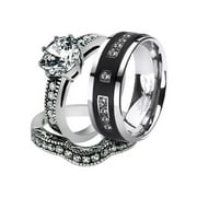 His and Her Stainless Steel 2.29 Ct Cz Bridal Set and Men's Titanium Wedding Band Women's Size 05 Men's Size 07