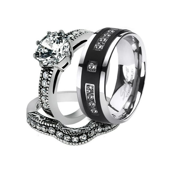 His and Her Stainless Steel 2.29 Ct Cz Bridal Set and Men's Titanium Wedding Band Women's Size 09 Men's Size 10