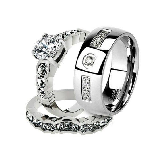 His and Her Stainless Steel 2.35 Ct Cz Bridal Ring Set and Men Zirconia Wedding Band Women's Size 06 Men's Size 10