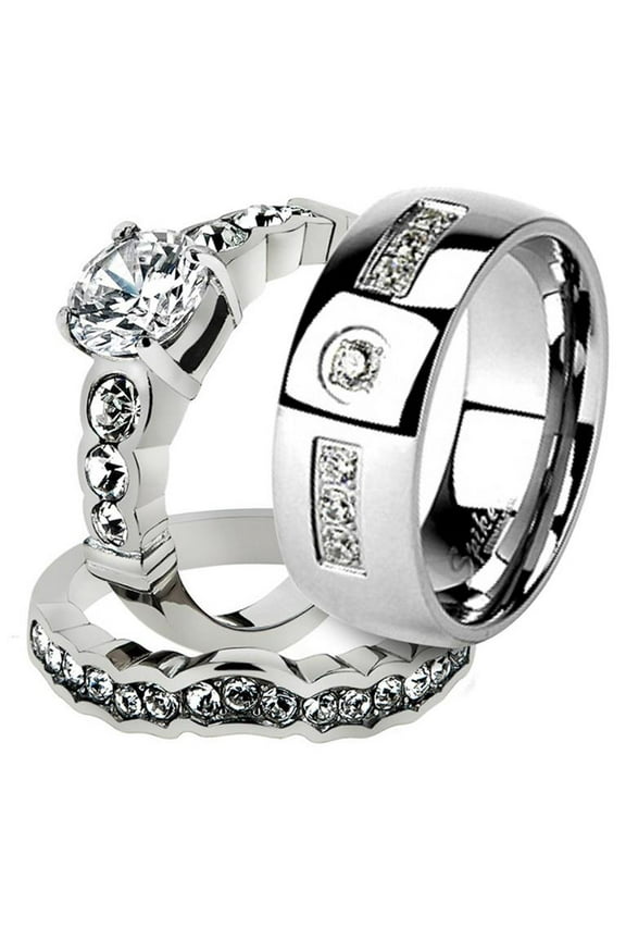 His and Her Stainless Steel 2.35 Ct Cz Bridal Ring Set and Men Zirconia Wedding Band Women's Size 10 Men's Size 05
