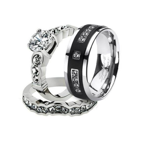 His and Her Stainless Steel 2.35 Ct Cz Bridal Set and Men's Titanium Wedding Band Women's Size 10 Men's Size 05