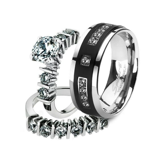 His and Her Stainless Steel 2.38 Ct Cz Bridal Set and Men's Titanium Wedding Band Women's Size 06 Men's Size 10