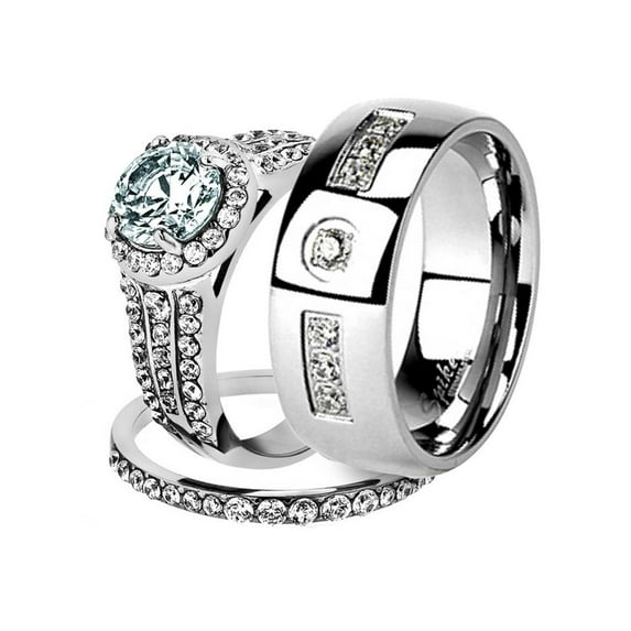 His and Her Stainless Steel 2.45 Ct Cz Bridal Ring Set and Men Zirconia Wedding Band Women's Size 07 Men's Size 10